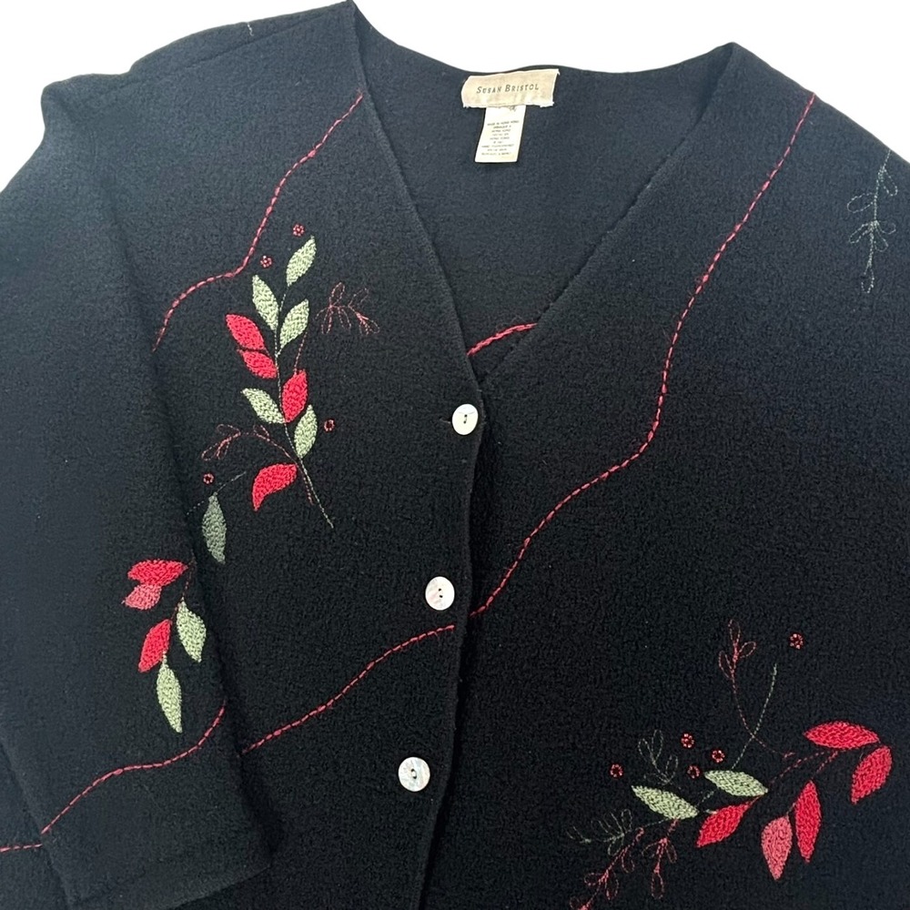 Holiday Cardigan Sweater Wool Hand Embroidered Black Christmas Susan Bristol XL